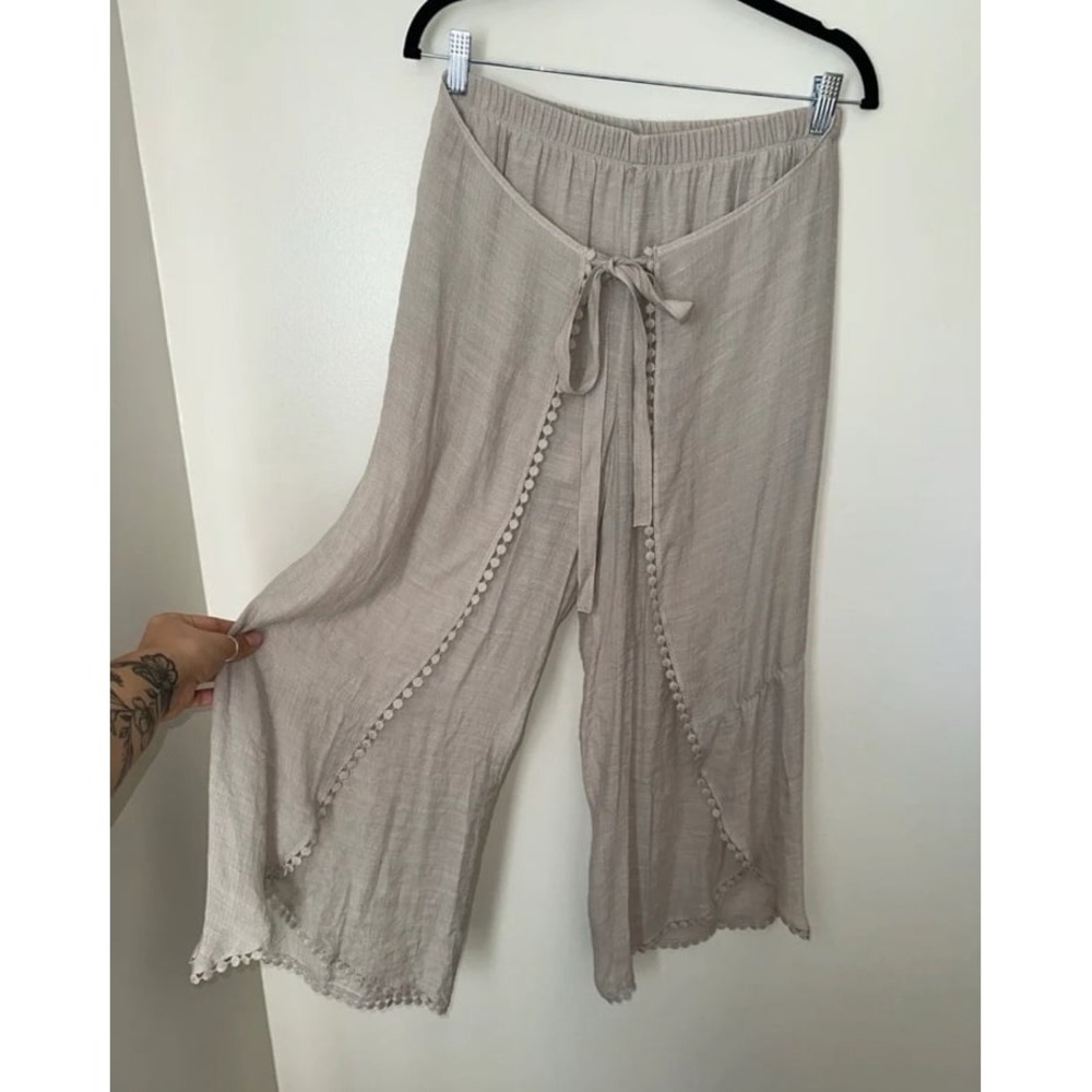 by & by Beige Wide Leg Pants with Pom Trim